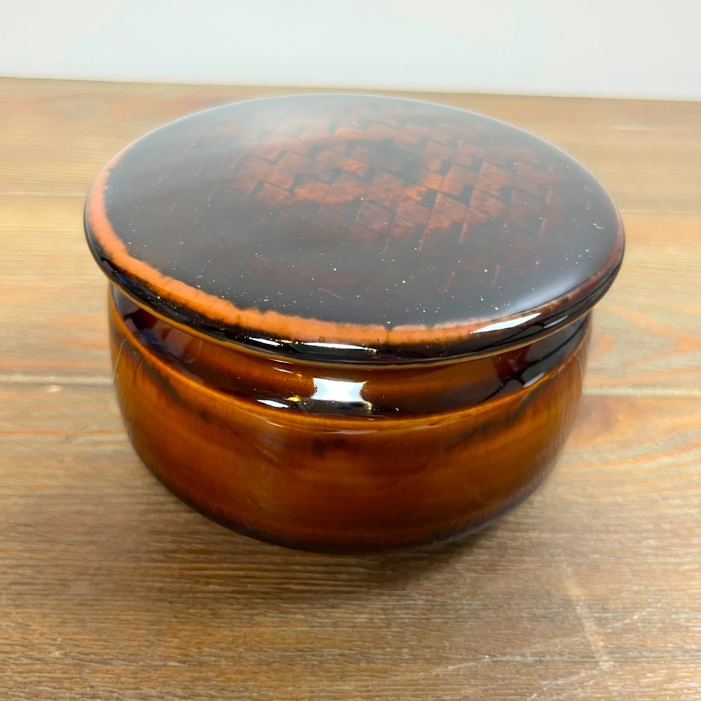 Vintage Honey Brown Glazed Ceramic Stoneware Sugar Jar with Lid Chevron Design